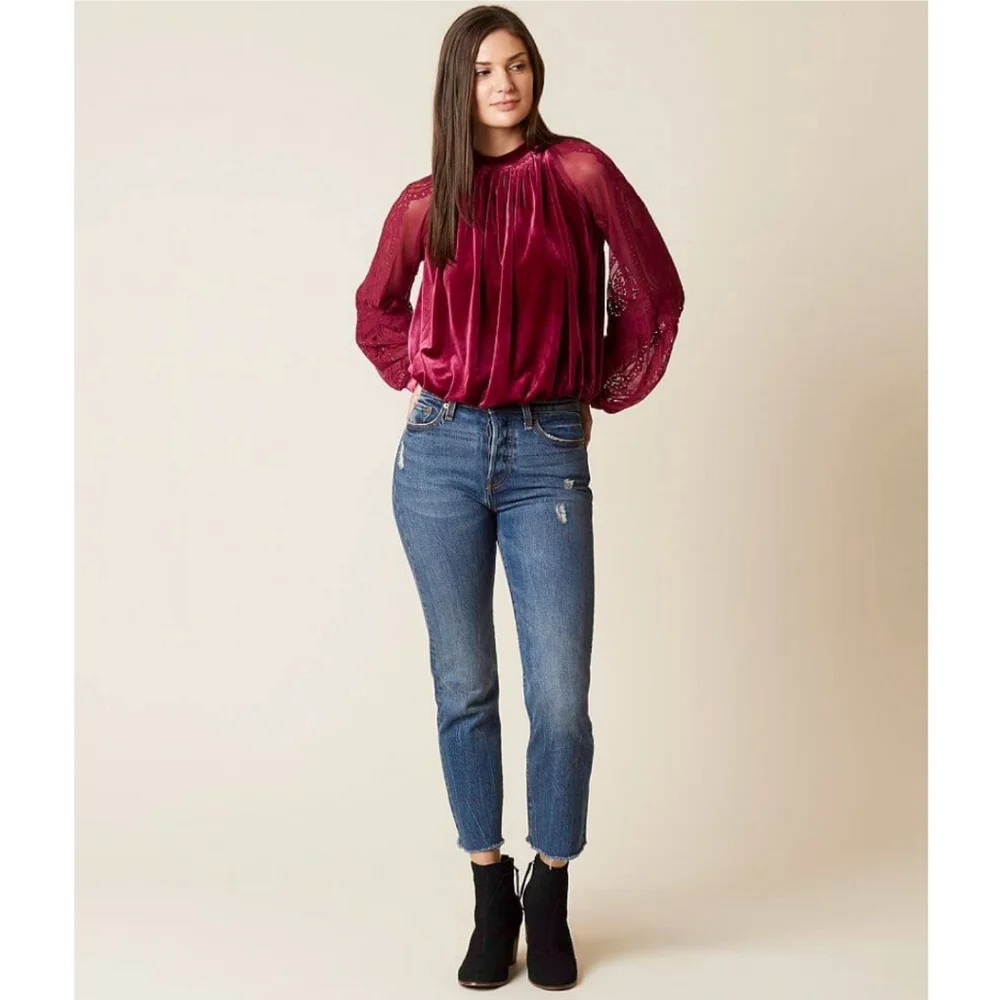 Free People Dream Team Red Velvet Lace Top Small Raspberry Small Whimsigoth